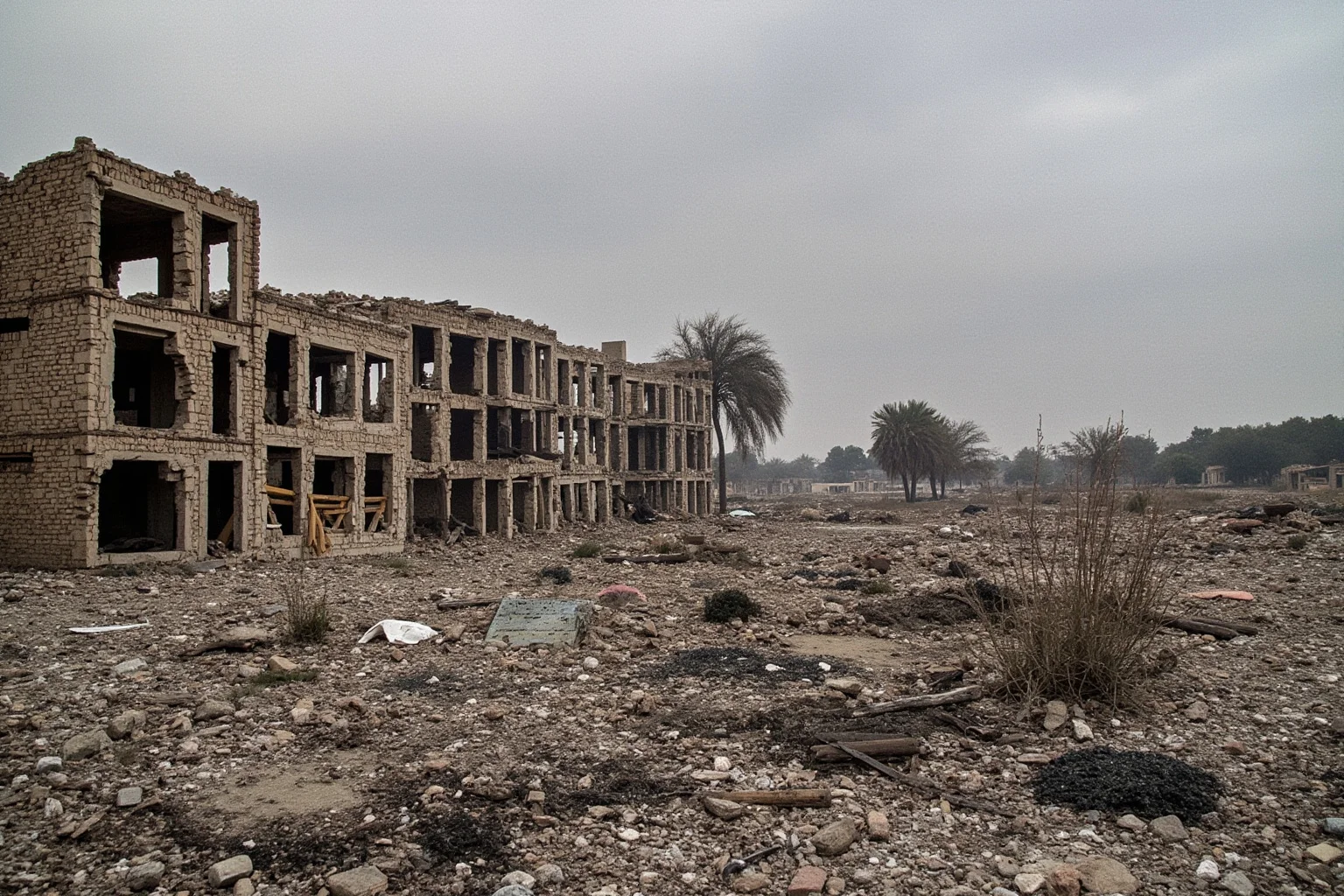 Devastated aftermath of a military conflict with destruction and casualties documented by photojournalists, war photography