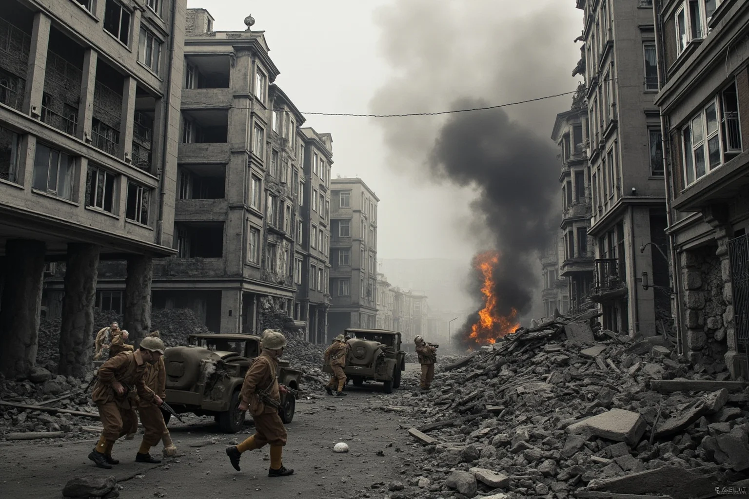 Devastated WW2 urban battlefield with ruined buildings and soldiers fighting street to street among rubble