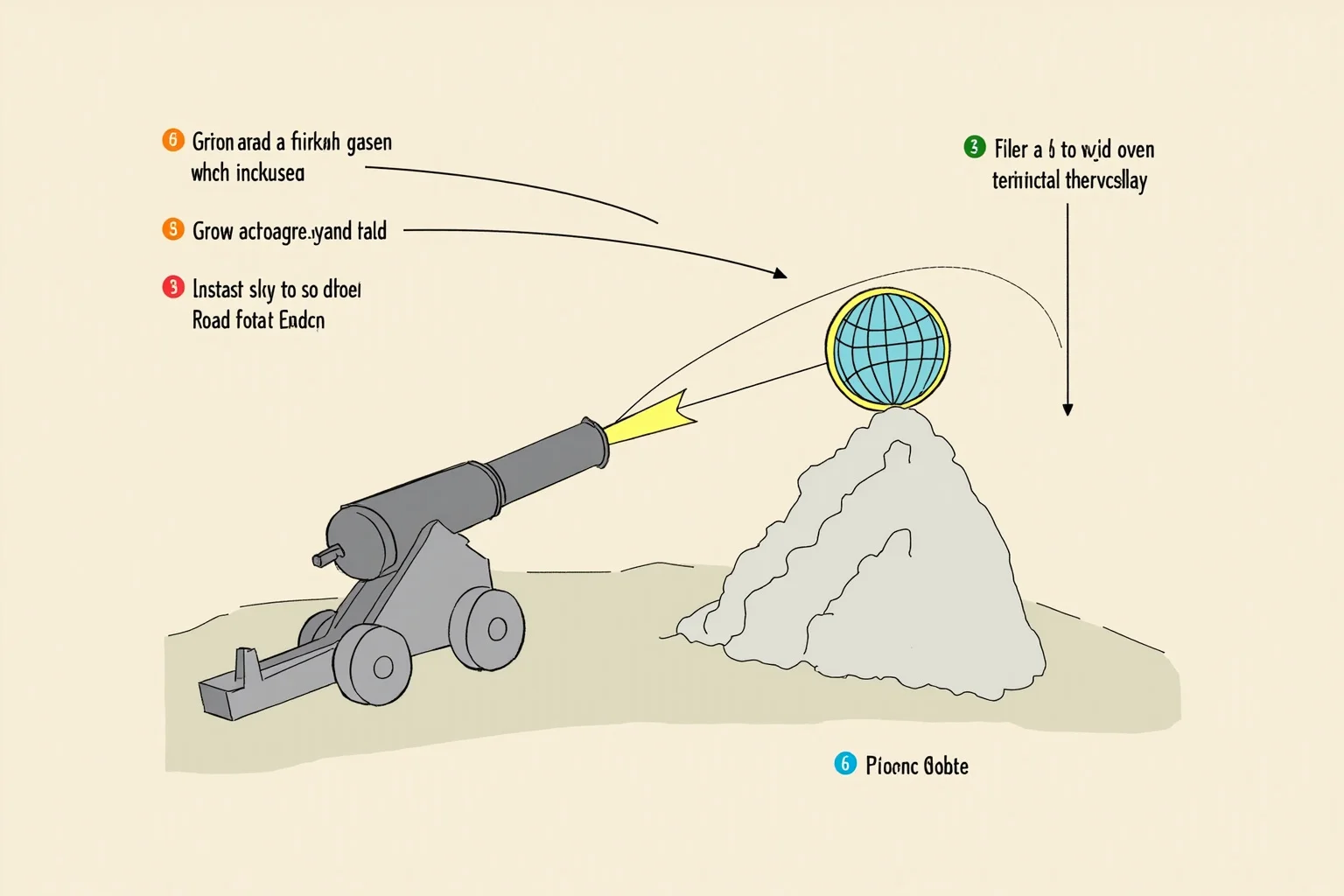 Diagram-style illustration of a cannon atop a tall mountain firing a ball that curves around a globe