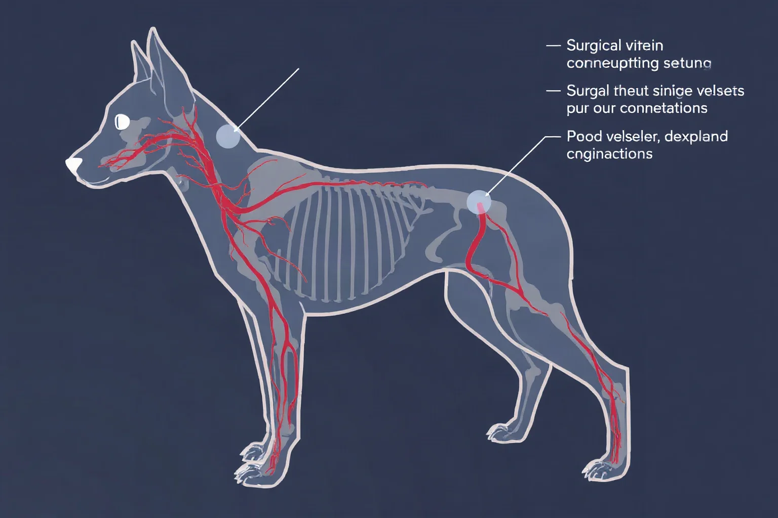 Diagram-style illustration showing blood vessels and surgical connection points on a stylized dog anatomy