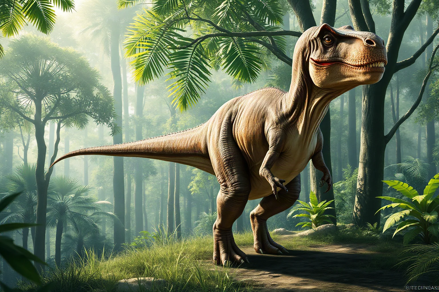 Digital illustration of a Tyrannosaurus rex standing in a lush Late Cretaceous forest landscape