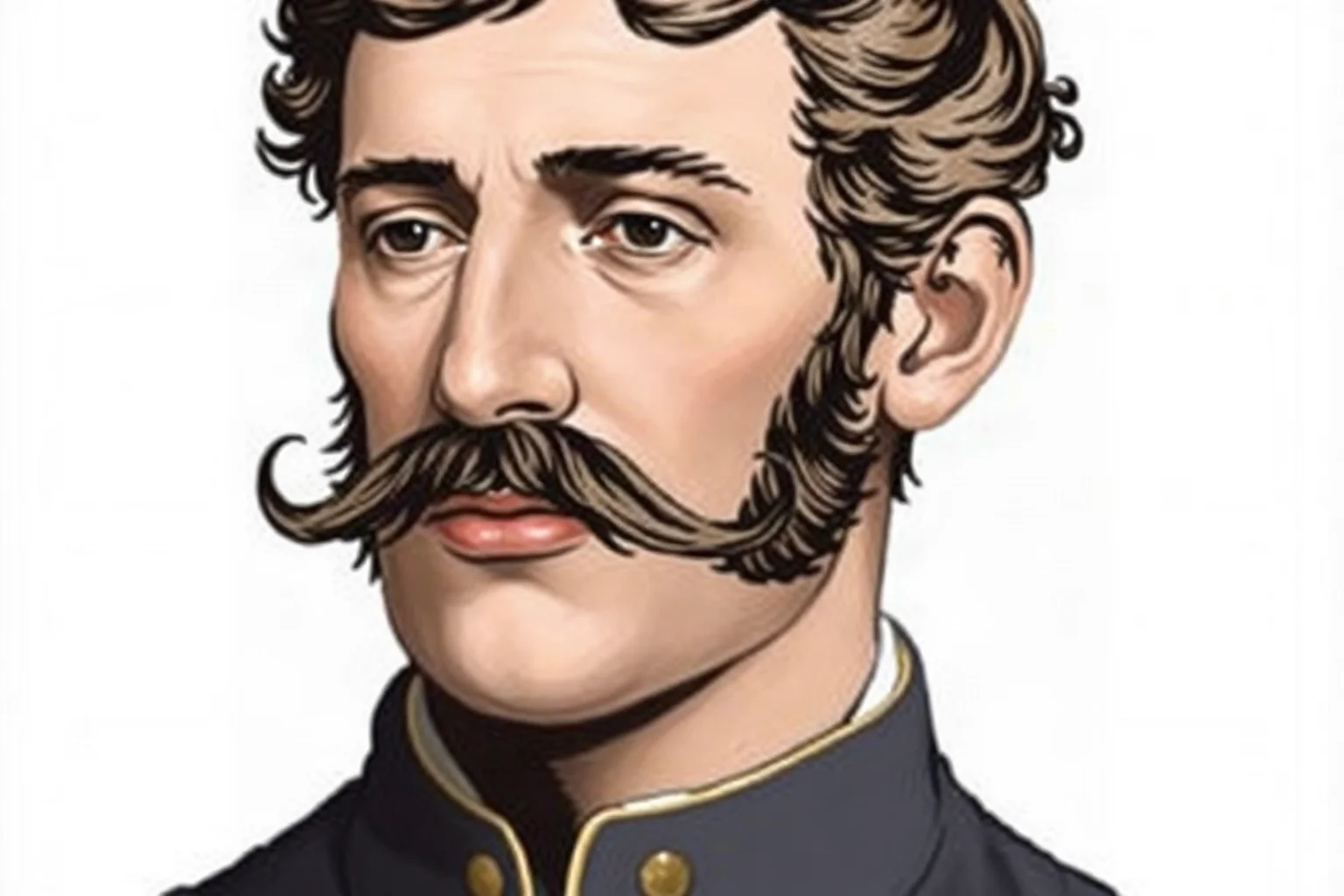 Dignified portrait-style illustration of a 19th-century Union officer with distinctive cheek-length facial hair connecting to a mustache
