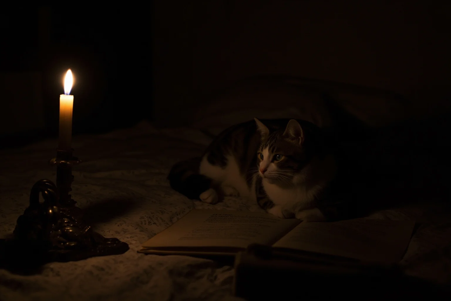 Dim 19th-century bedroom with a tortoiseshell cat curled on a writer's shoulder near a candle and manuscript