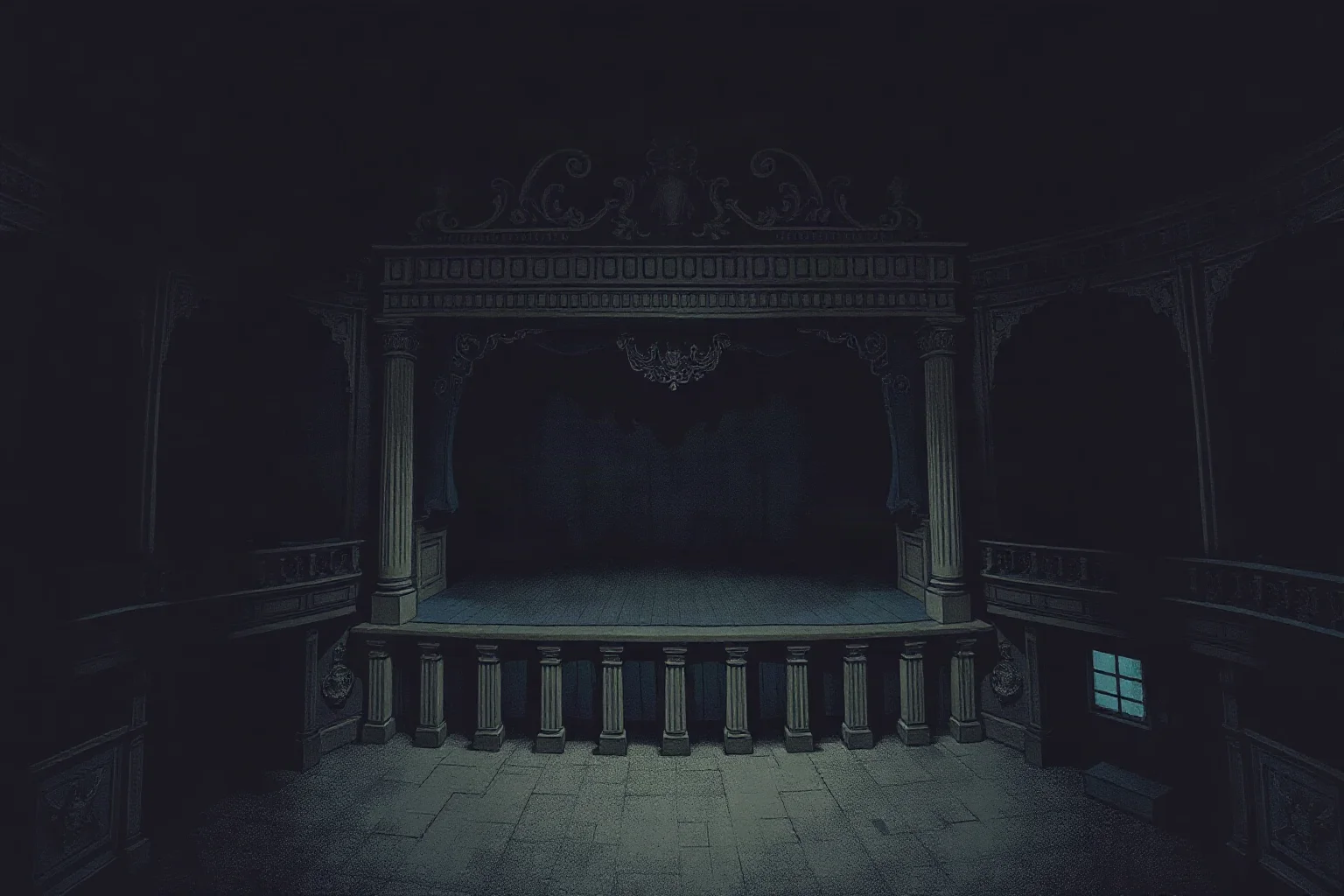 Dim, shadowy illustration of an empty 19th-century theater balcony at night, somber historical tone, no violent imagery