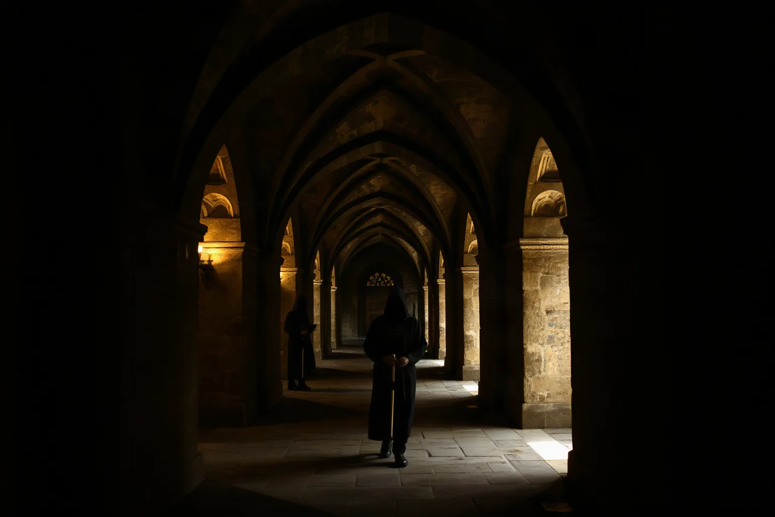 Dim stone convent corridor with shadowy robed figures, gothic medieval architecture, eerie candlelight