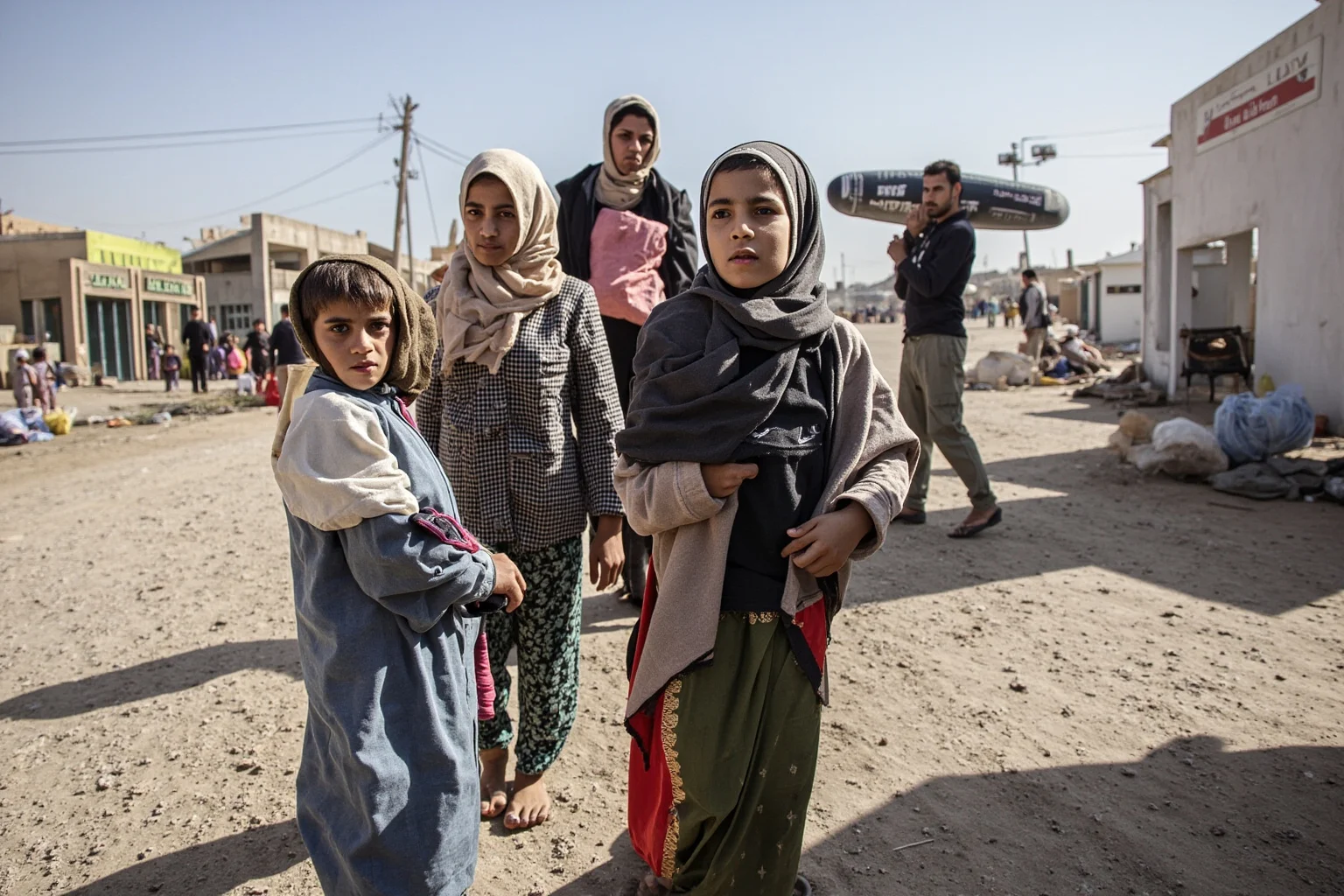 Displaced refugees, including families with children, fleeing violence and crossing into a neighboring country with limited possessions