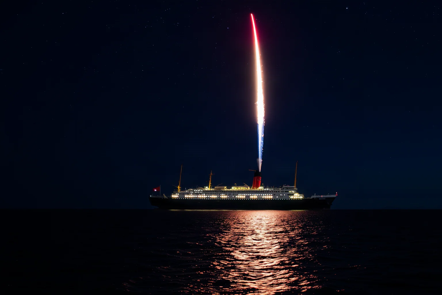 Distant ocean liner sending up a distress rocket into a starry night sky over calm dark water