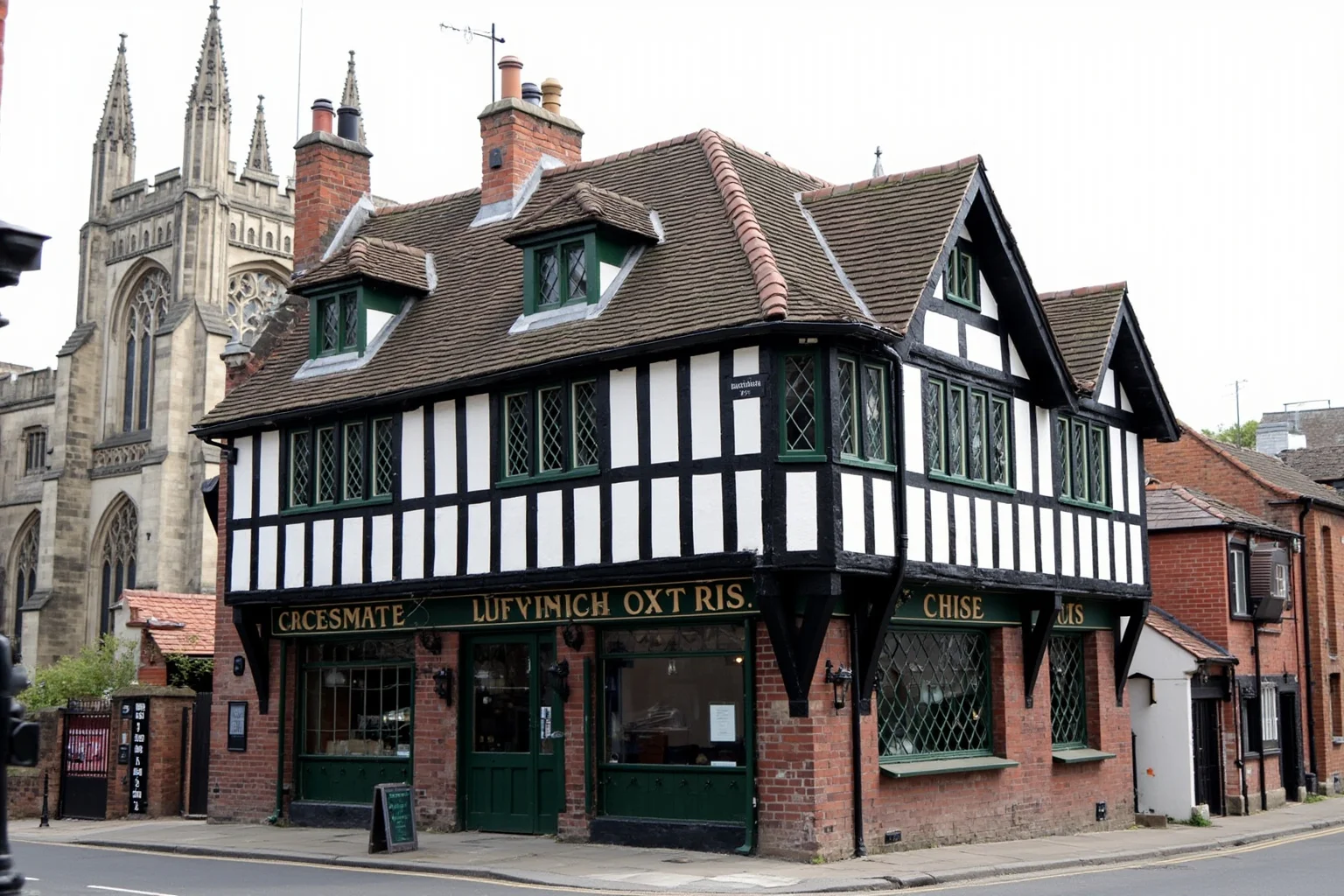 Distinctive octagonal English pub building near a cathedral, timber framing, quaint historic street corner