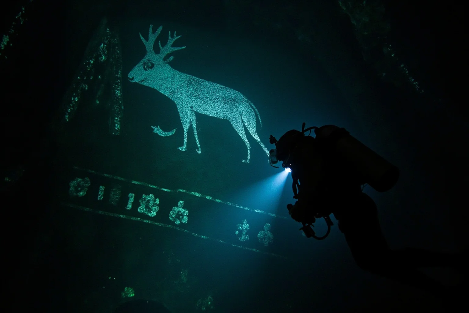 22 Coolest Underwater Discoveries Made Throughout History 20 Diver shining a flashlight on ancient painted animal figures on a cave wall partly underwater