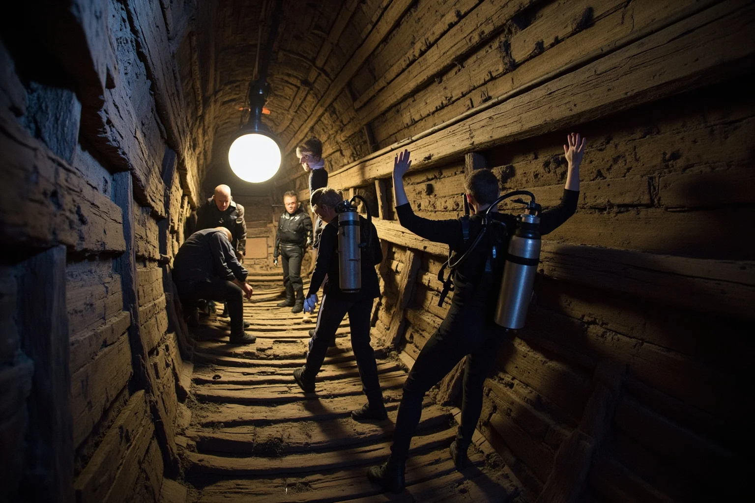 22 Coolest Underwater Discoveries Made Throughout History 9 Divers examining the preserved wooden hull of a centuries-old raised warship in a museum dry dock