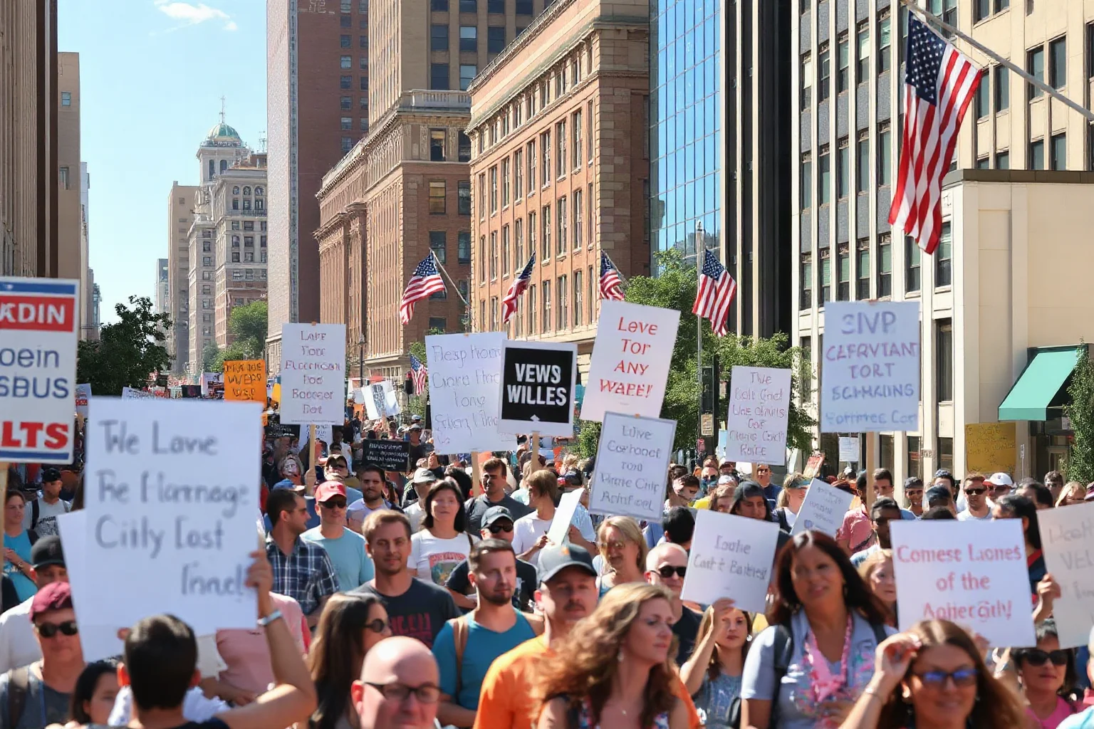 Diverse crowd marching down a wide American city street holding signs, summer daylight, illustrative style