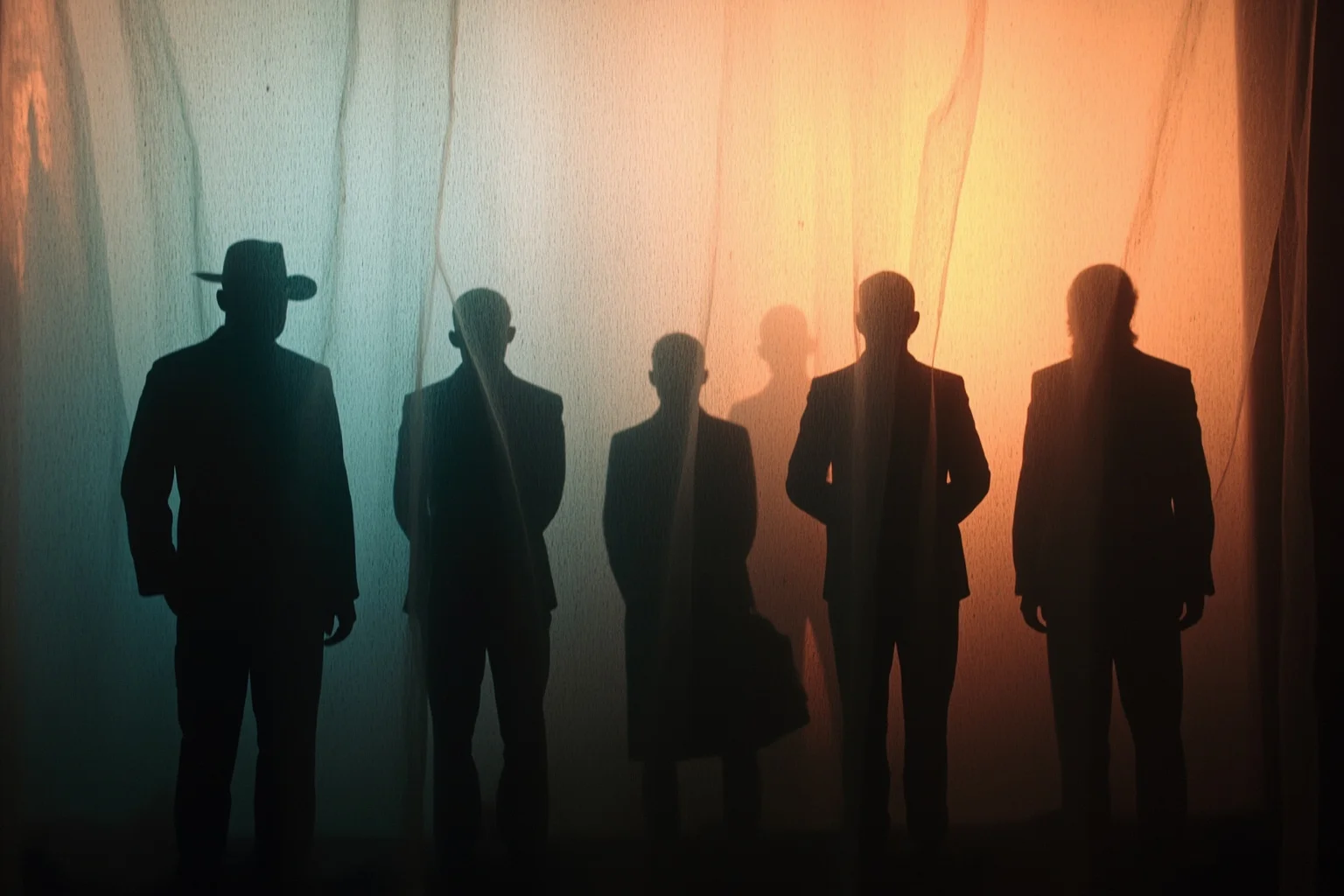 Diverse silhouetted figures standing behind a translucent veil, unaware of their future roles in society