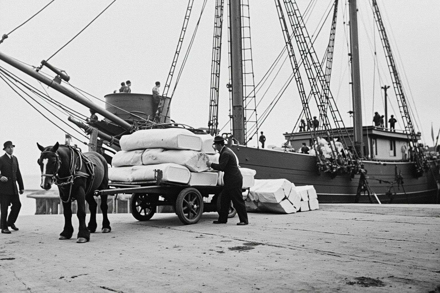 Dock workers unloading large blocks of ice from a 19th century sailing ship onto a horse-drawn cart