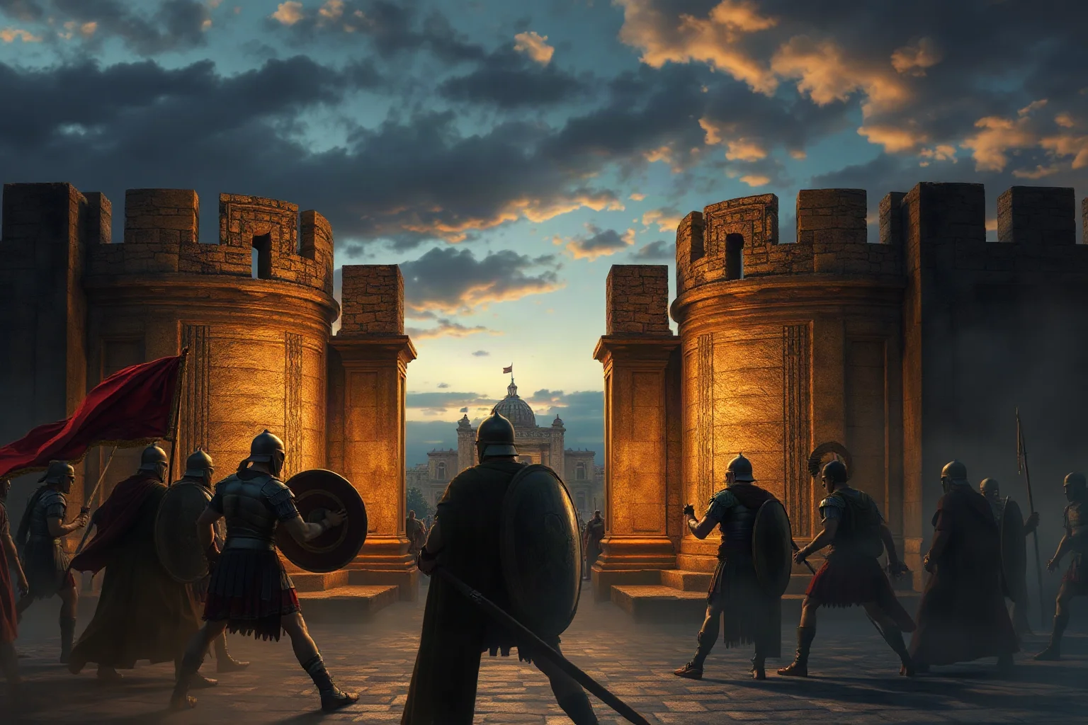 Dramatic ancient Greek warriors before a walled city gate at dusk, epic historical illustration style