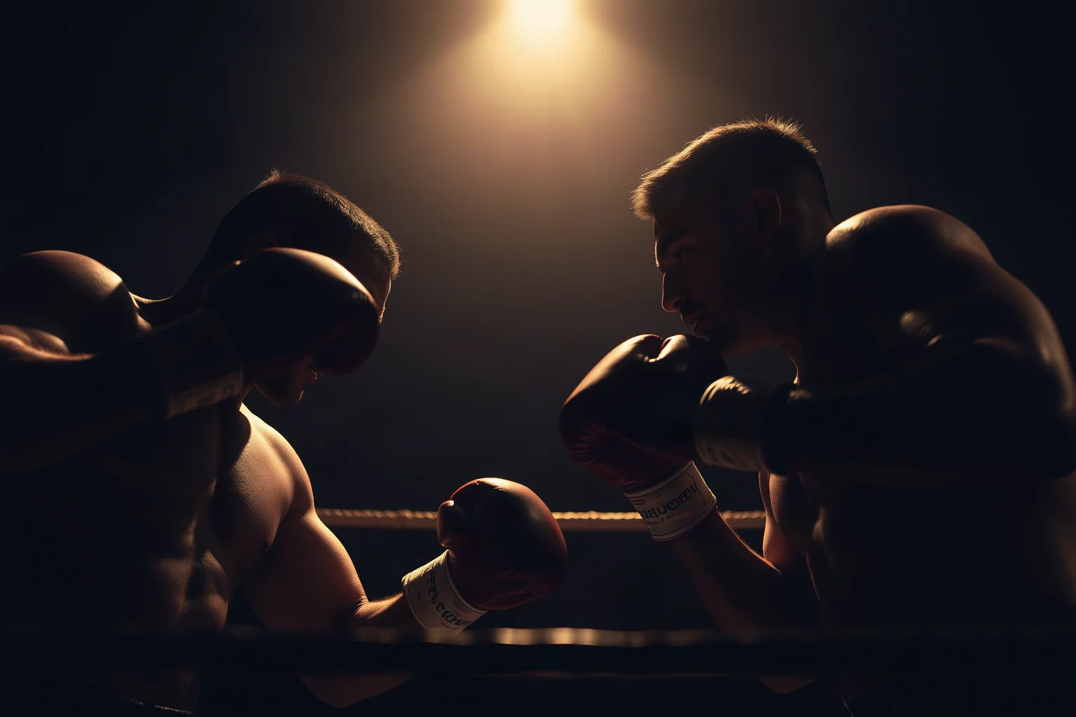 Dramatic boxing ring closeup with two silhouetted heavyweight fighters, moody lighting, illustrative