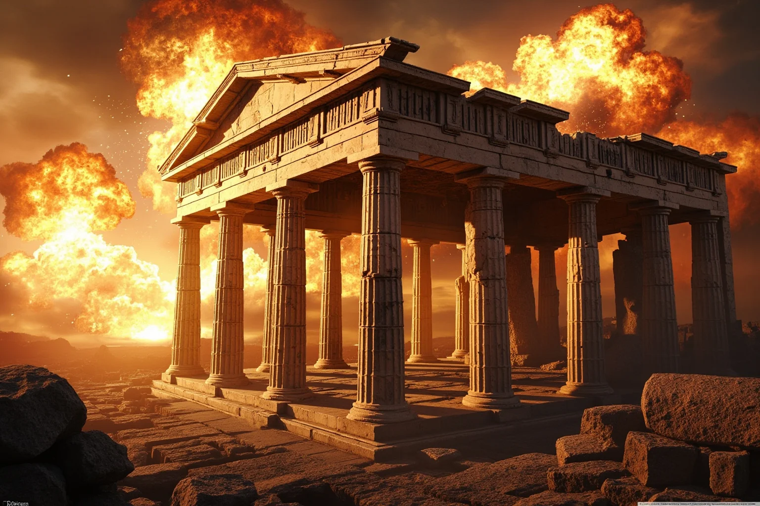 Dramatic explosion damaging the roof and columns of an ancient marble temple during a historical siege