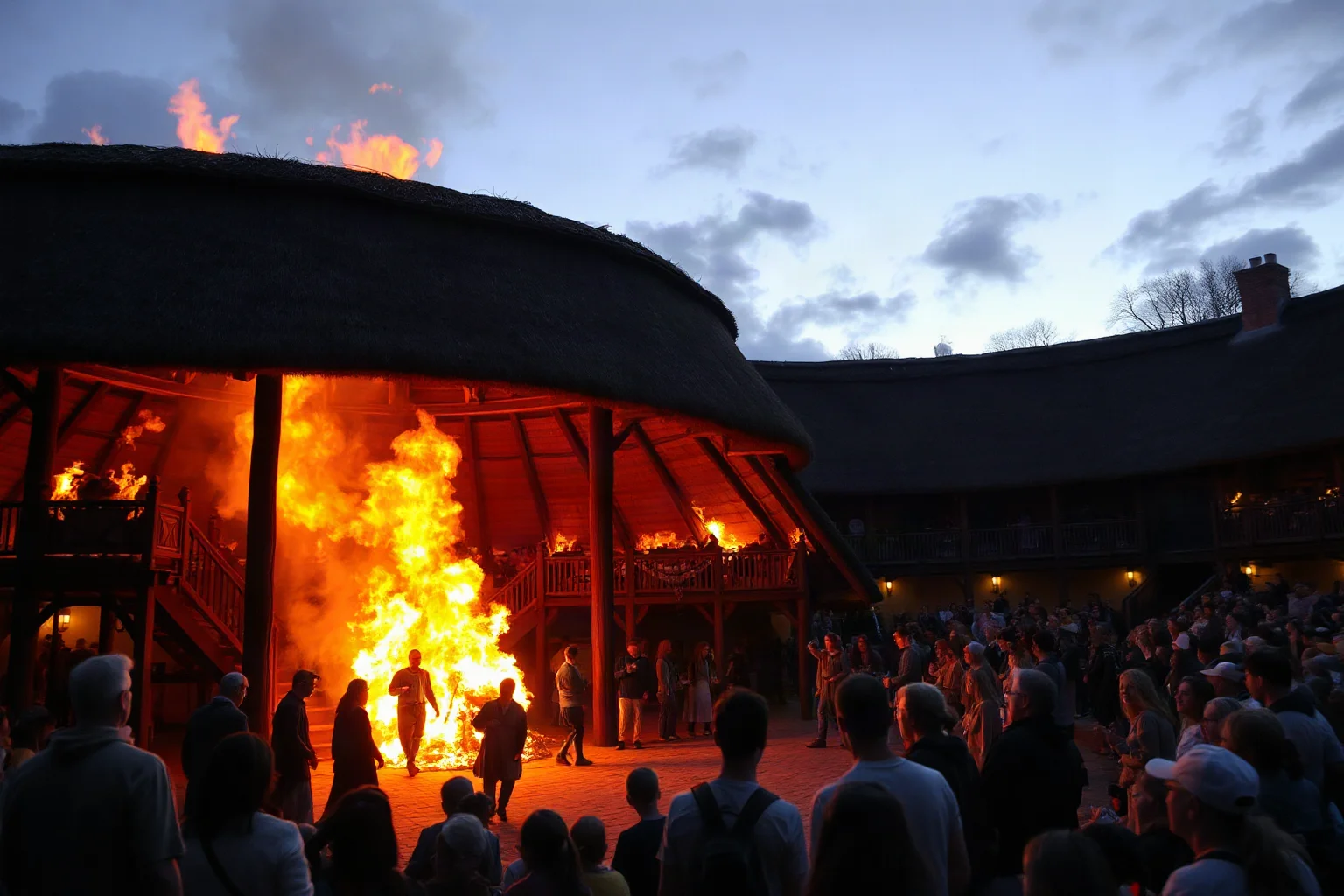 Dramatic flames engulfing a thatched-roof circular Elizabethan theater at dusk with a fleeing crowd