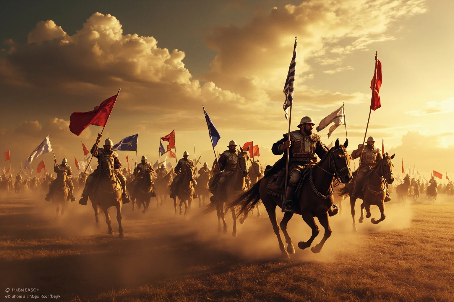 It's In The Name: Why Alexander The Great Is Considered History's Greatest General 4 Dramatic historical illustration of ancient cavalry charging into battle across a dusty plain, banners flying