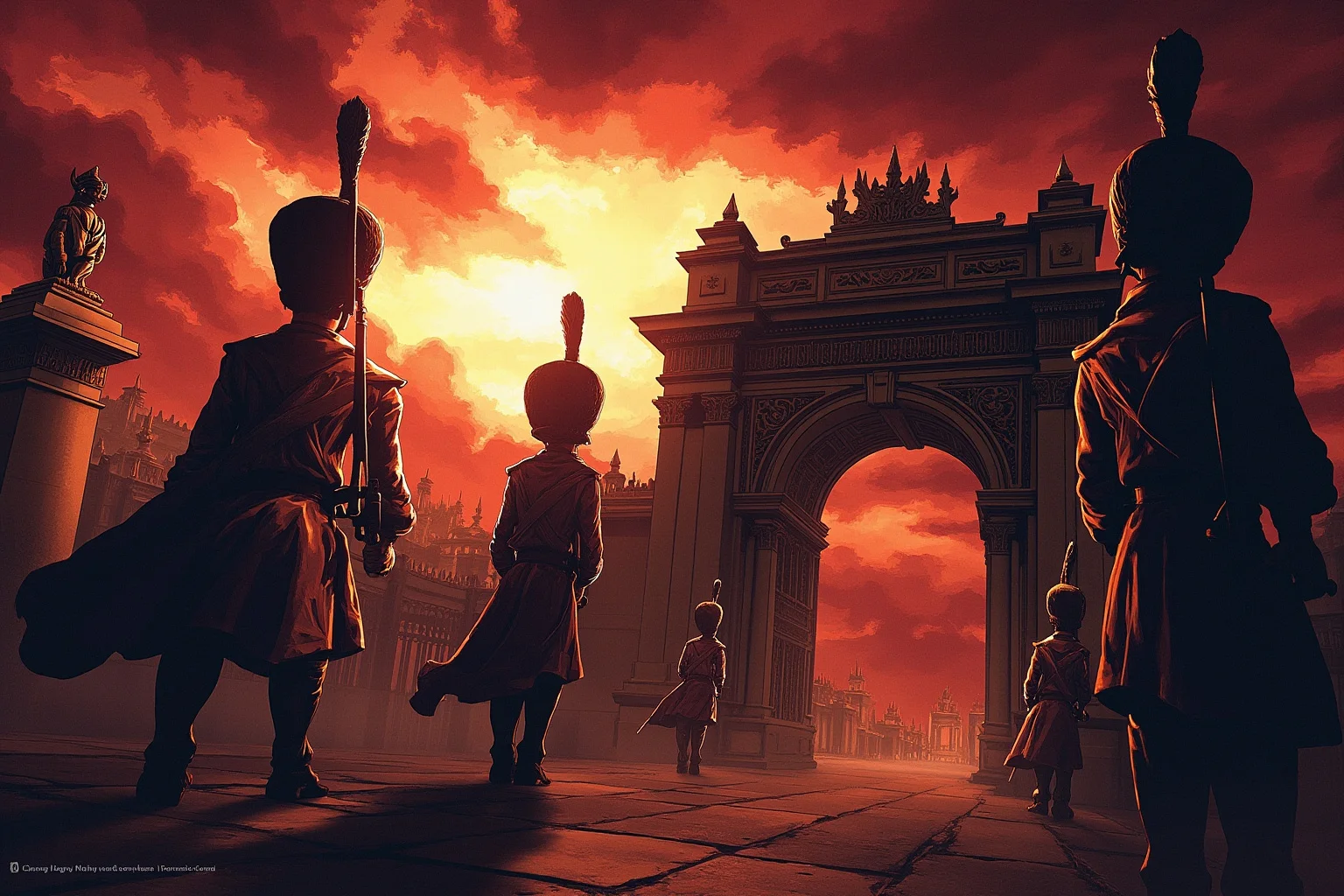Dramatic illustrated scene of palace guards near an ornate gate at dawn, symbolic depiction without identifiable real figures