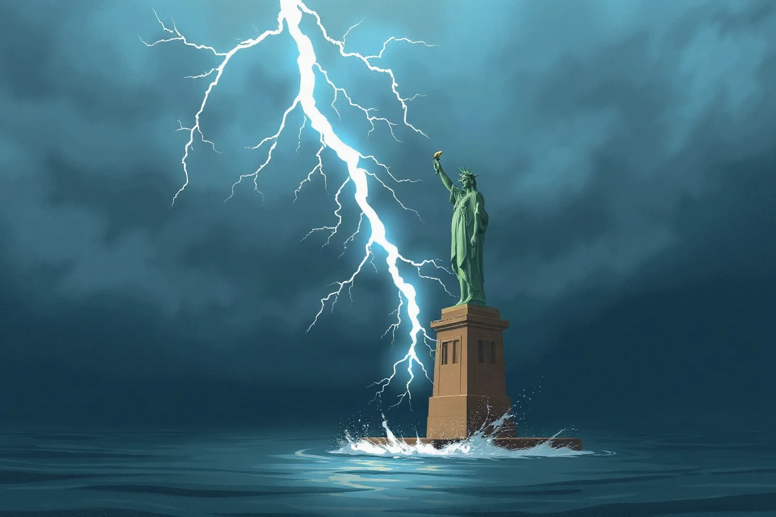 Dramatic illustration of a lightning bolt striking a tall copper statue in a harbor storm