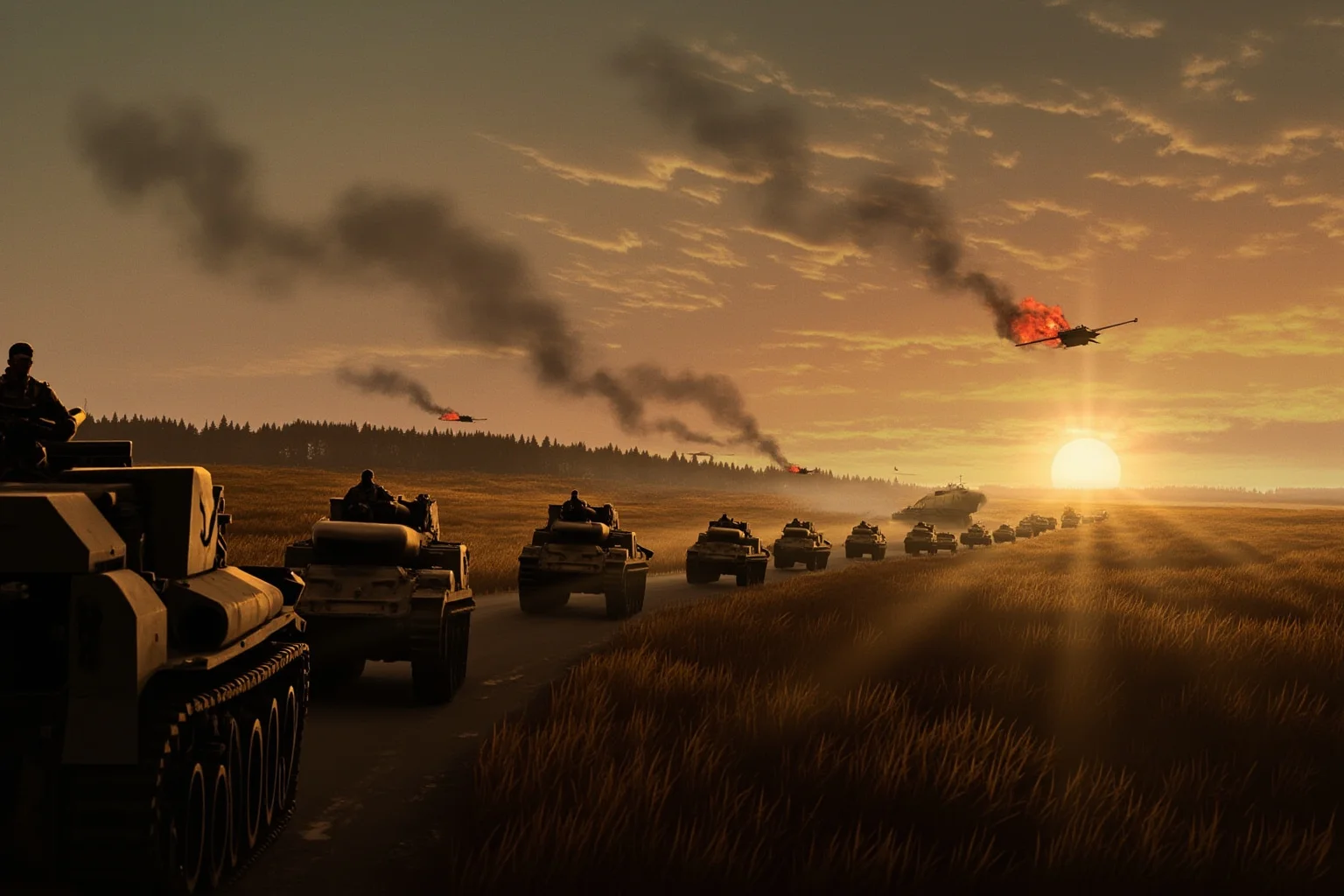 Dramatic illustration of a massive military convoy and tanks crossing a vast eastern European landscape at dawn, evoking a large-scale 1940s invasion