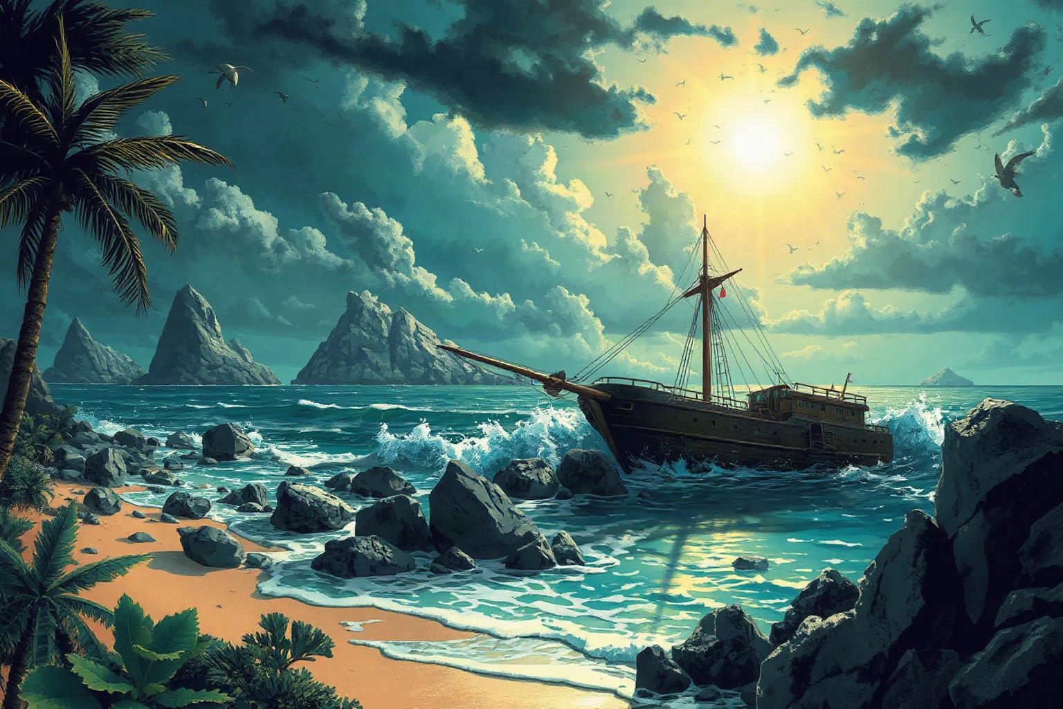 Dramatic illustration of a small ship wrecked on a rocky tropical shoreline during a storm