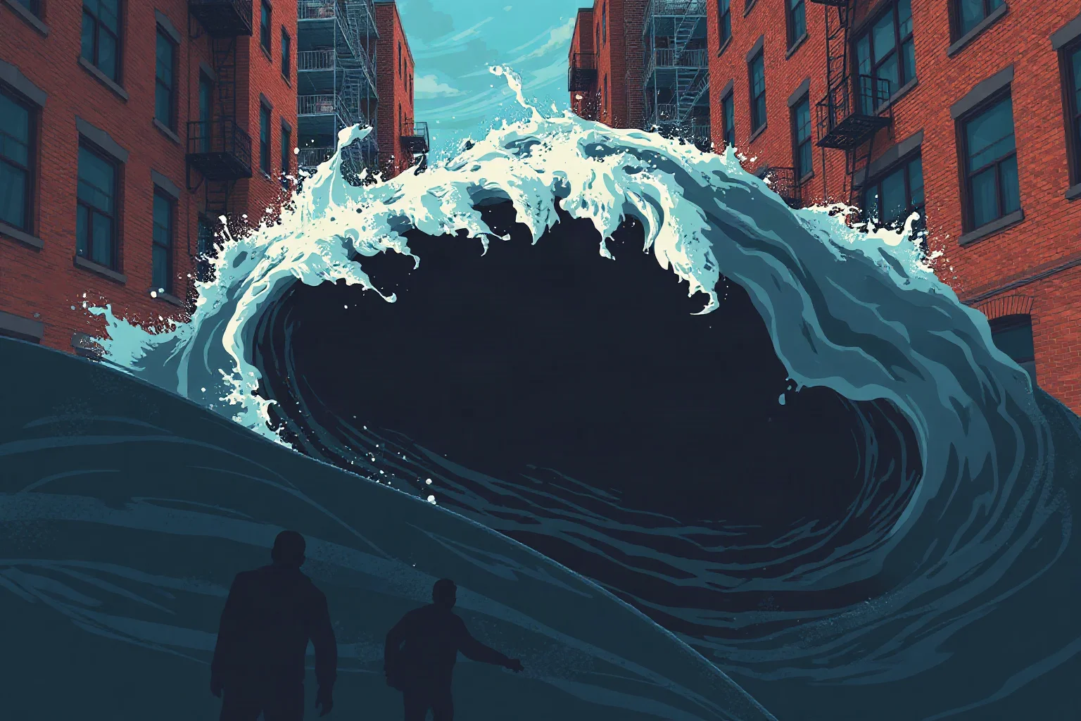 Dramatic illustration of a thick dark liquid wave surging through a city street lined with brick buildings, people fleeing in the foreground