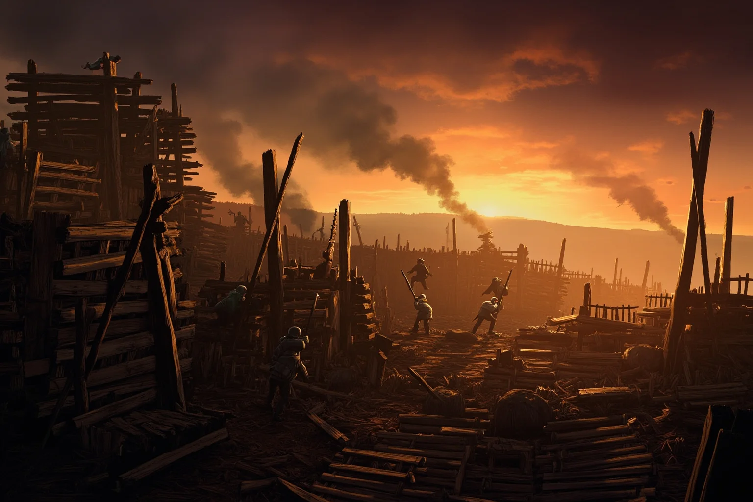 Dramatic illustration of a wooden stockade under siege at dawn, silhouettes of miners and soldiers
