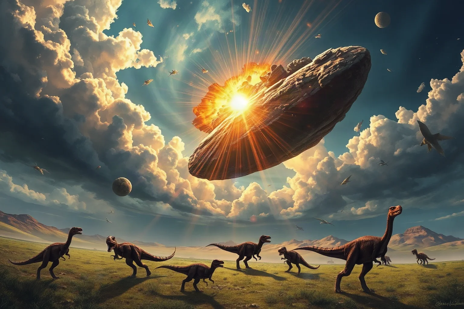 Dramatic illustration of an asteroid impact lighting up the sky above a Cretaceous landscape with dinosaurs fleeing