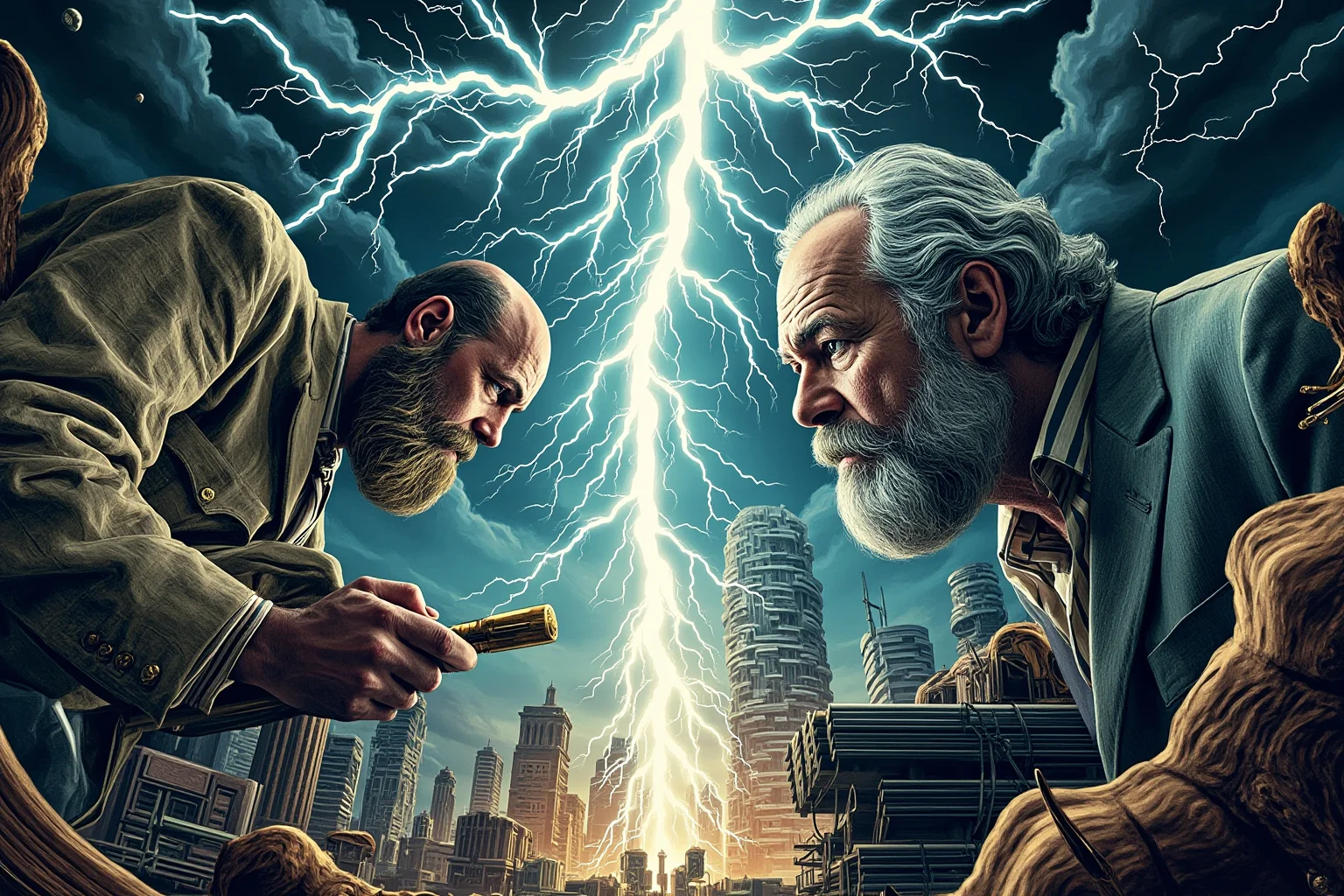 Inventors Who Stole Genius Ideas And Got All Glory 3 Dramatic illustration of two rival inventors' laboratories on opposite sides of a lightning bolt, symbolizing an electrical current war
