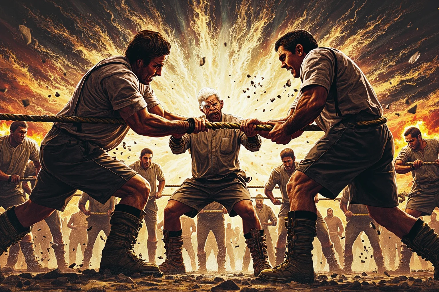Tug of War Was Once an Olympic Sport—Here's Why It Got Removed 8 Dramatic illustration of two tug of war teams in a tense standoff, one team wearing heavy cleated boots