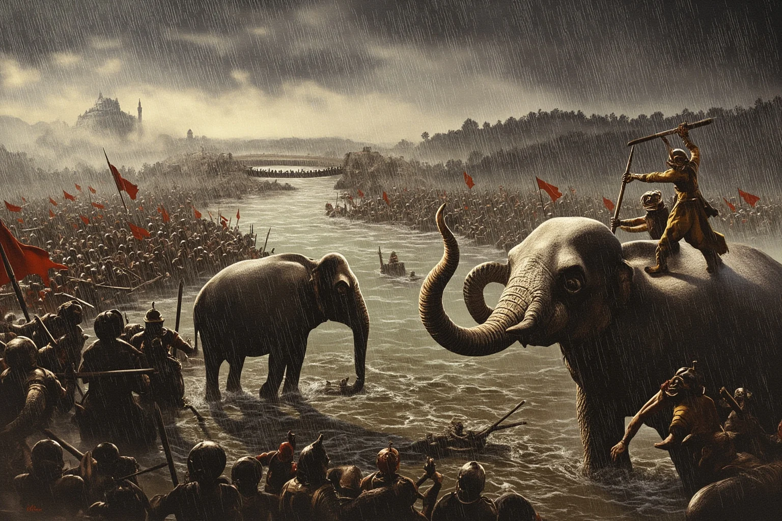 It's In The Name: Why Alexander The Great Is Considered History's Greatest General 15 Dramatic illustration of war elephants and ancient soldiers fighting near a rain-swollen river crossing