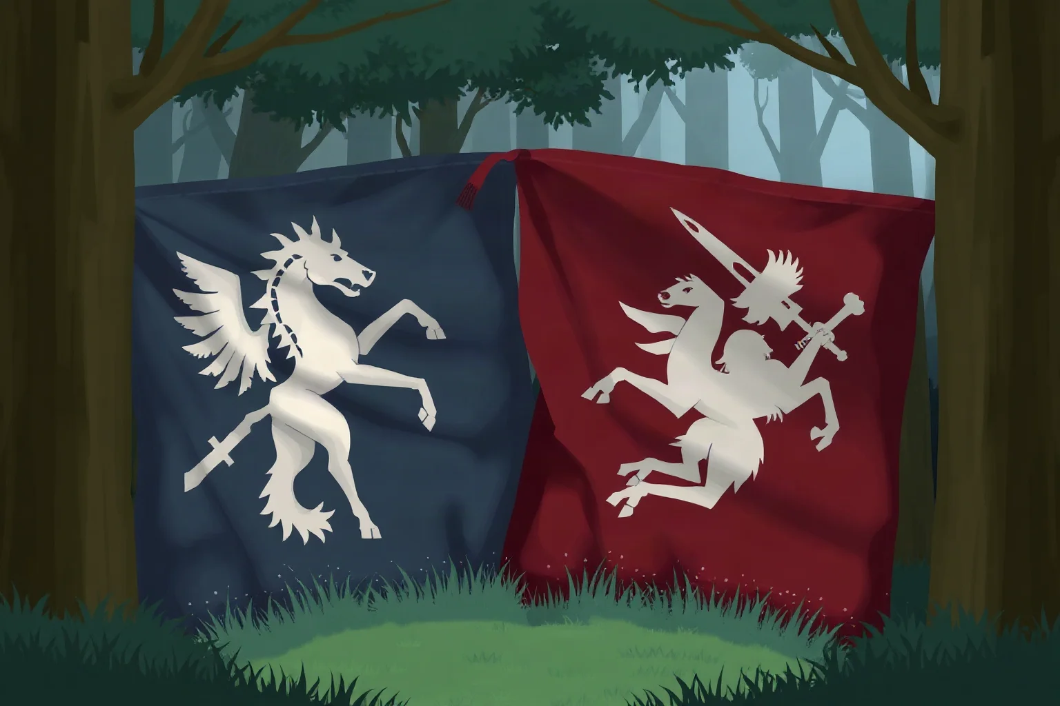 Dramatic medieval battle banner artwork showing opposing heraldic symbols in a forest setting