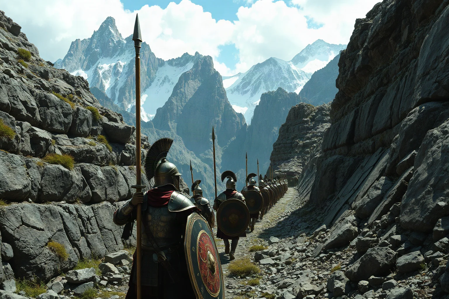 Dramatic narrow mountain pass with a small band of armored warriors bracing for battle, Thermopylae scene
