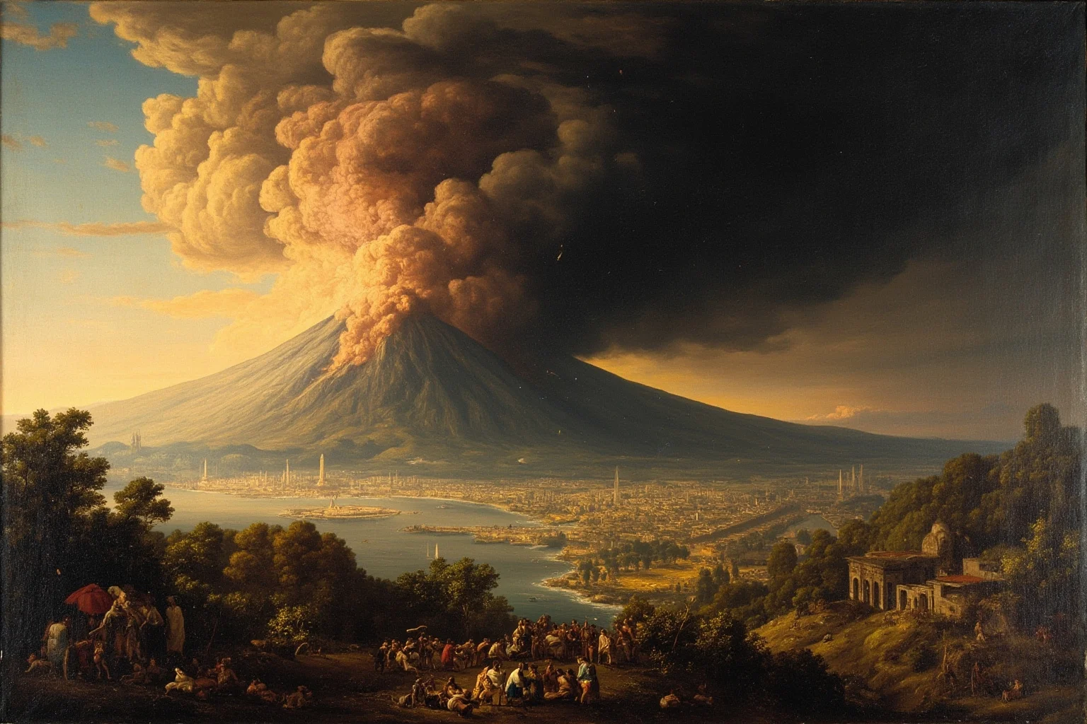 Dramatic painting of Mount Vesuvius erupting in the distance above the Bay of Naples in 79 AD, with a towering ash column