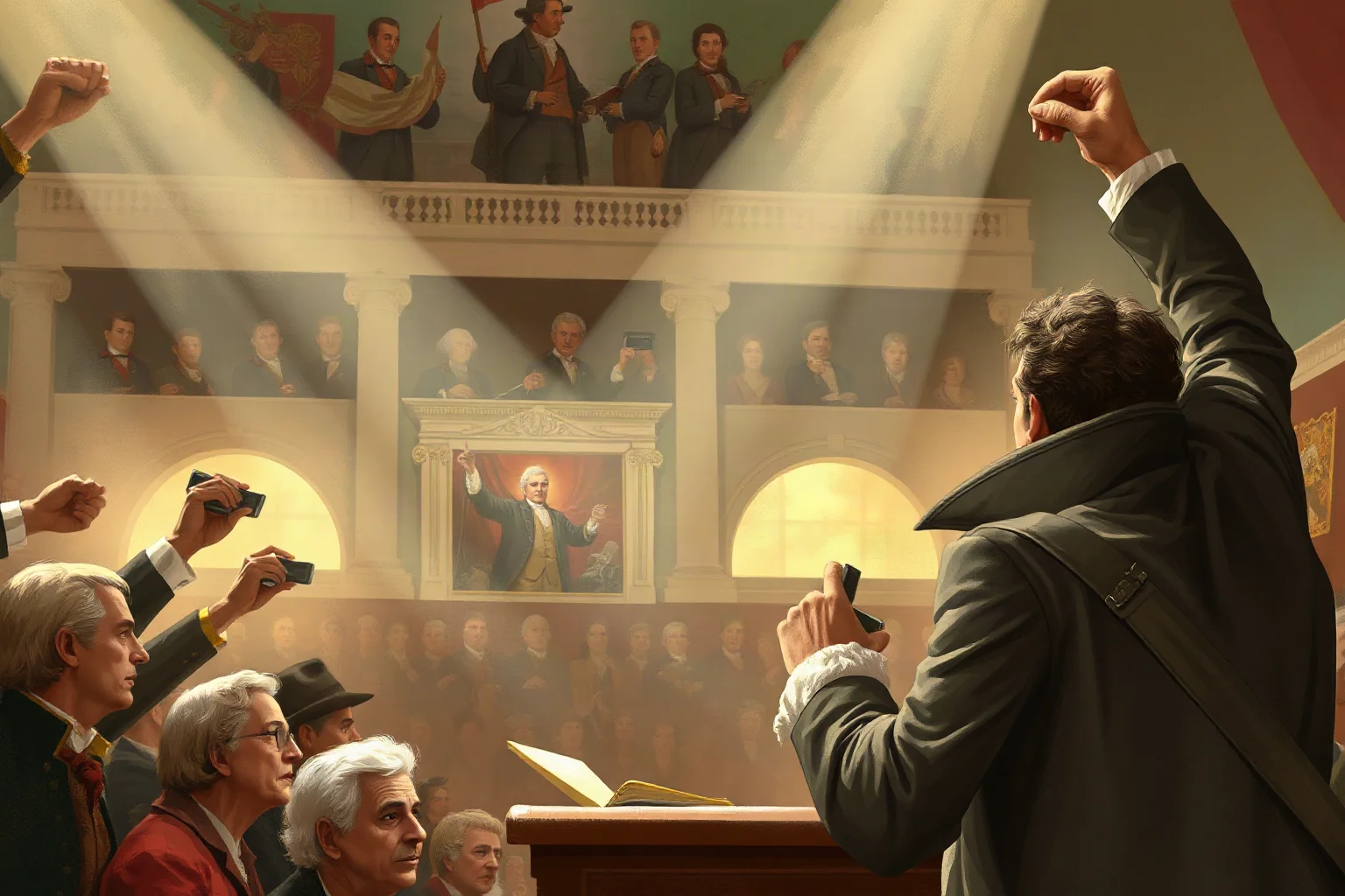 Dramatic painting-style illustration of a French revolutionary orator addressing a crowded assembly hall with raised fist