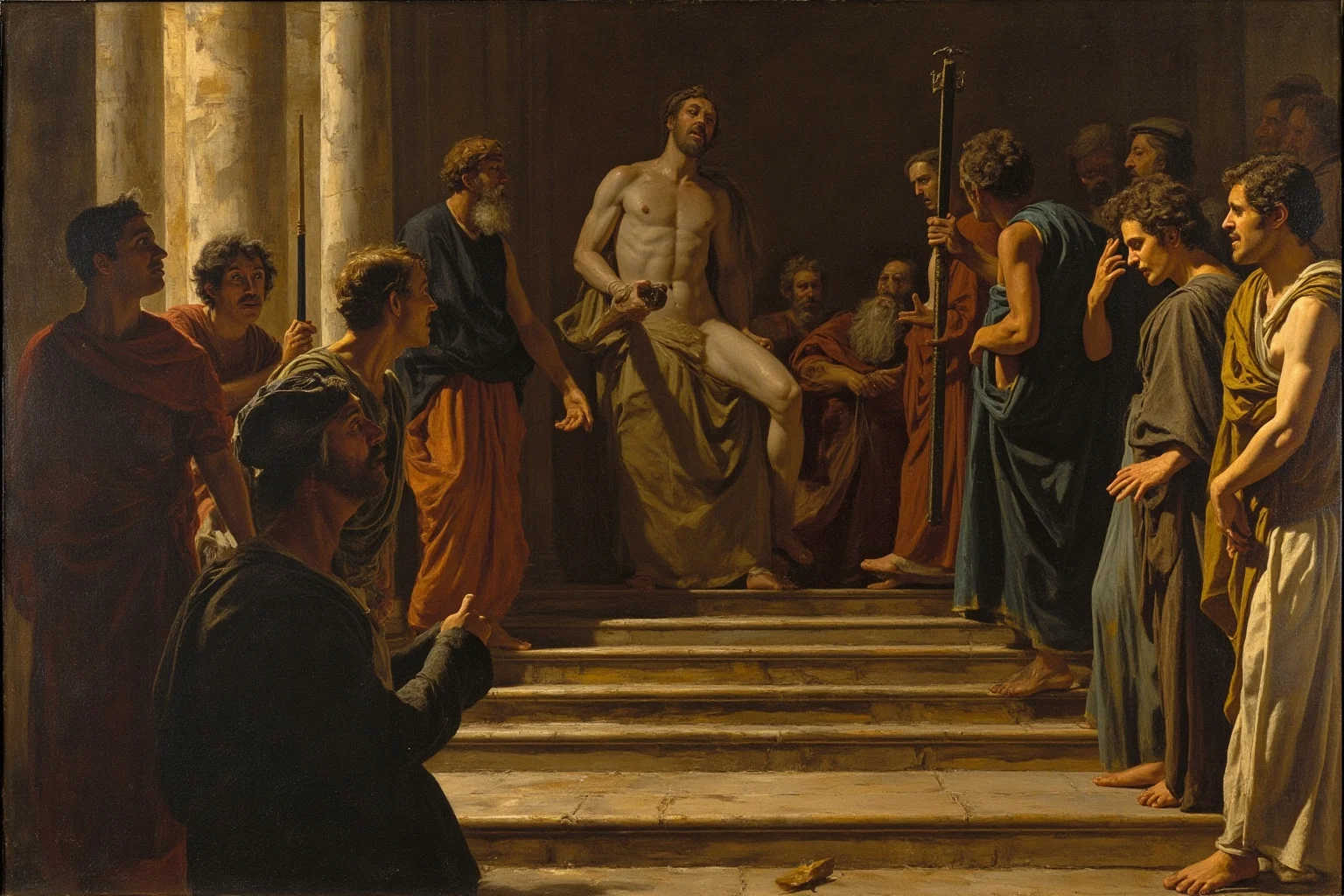 Dramatic Renaissance-style painting scene of a Roman senator confronted by conspirators on the steps of a marble building