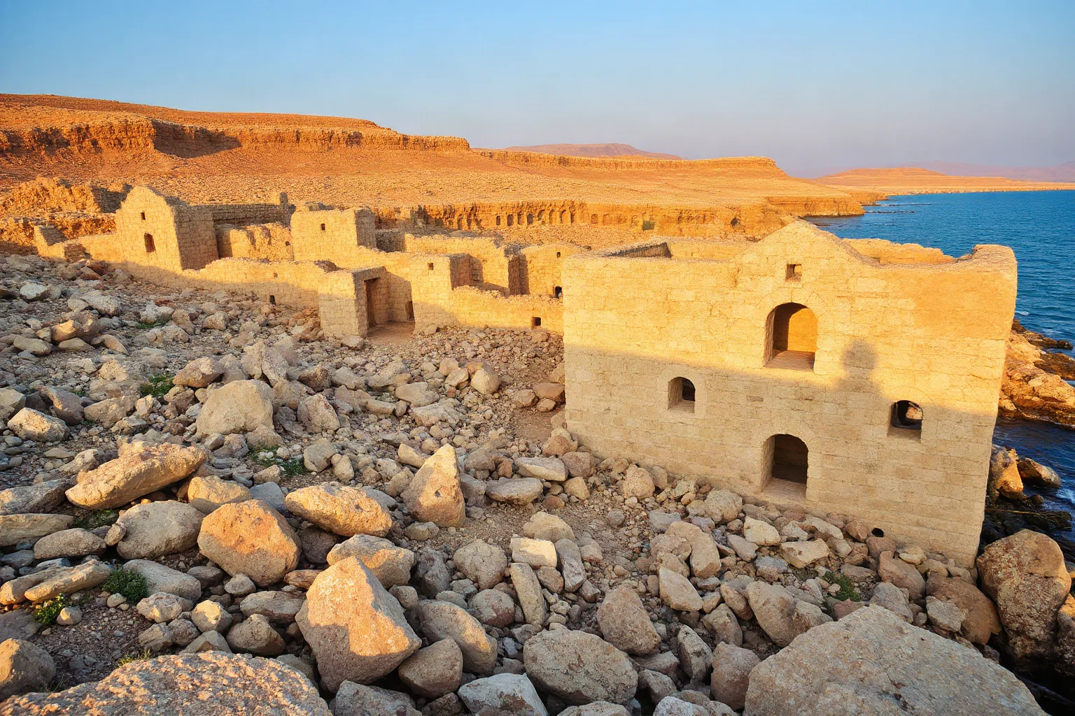Dramatic rocky shoreline terrain near Dead Sea with ancient stone foundations and Bronze Age archaeological remains