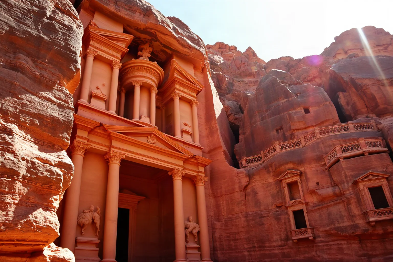 Dramatic rose-red rock-cut facades of Petra carved into towering sandstone cliffs with ornate architectural details