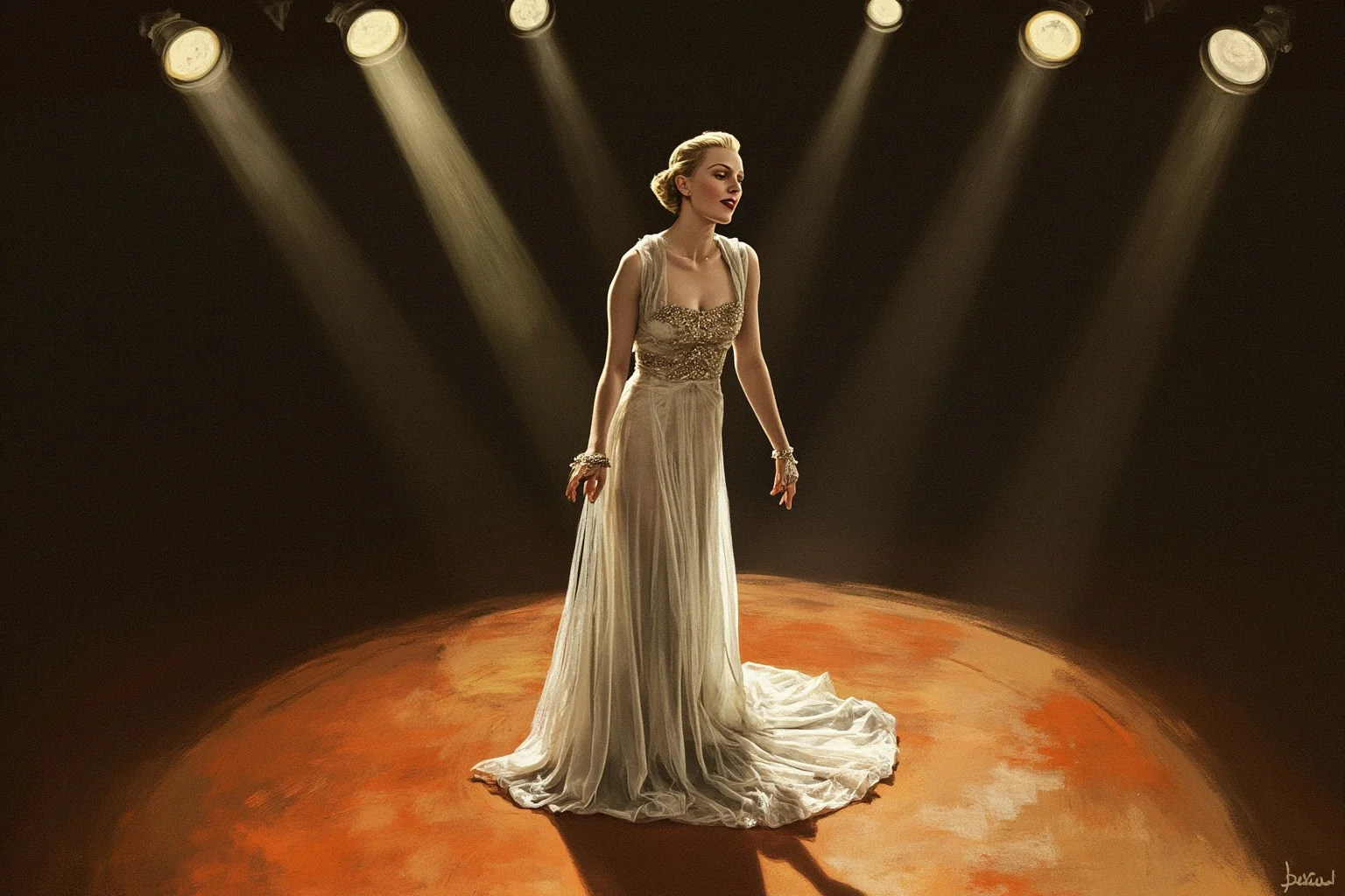 Dramatic stage illustration of a mid-20th-century opera soprano in a flowing gown performing under theatrical spotlights, painterly style