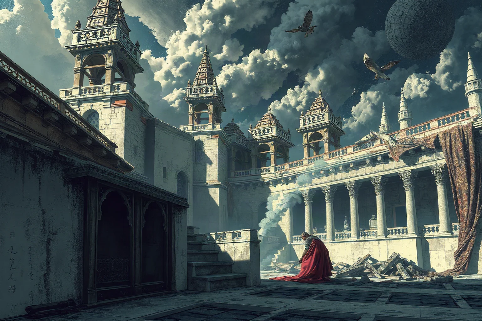 Dramatic traditional illustration of a fallen ancient king's palace in disarray symbolizing dynastic collapse