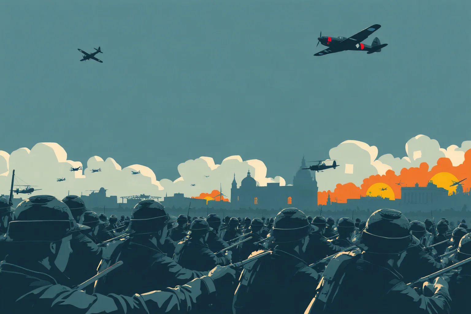 Dramatic wartime illustration of soldiers and aircraft representing the global scale of World War II