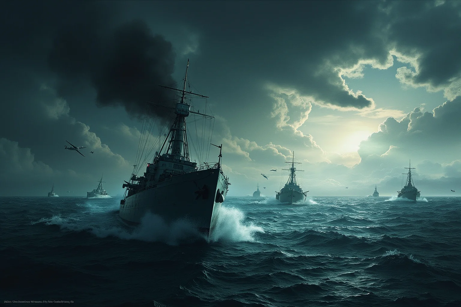 Dramatic wide illustration of a WW2-era naval convoy crossing a stormy Atlantic Ocean, escort ships and dark clouds overhead