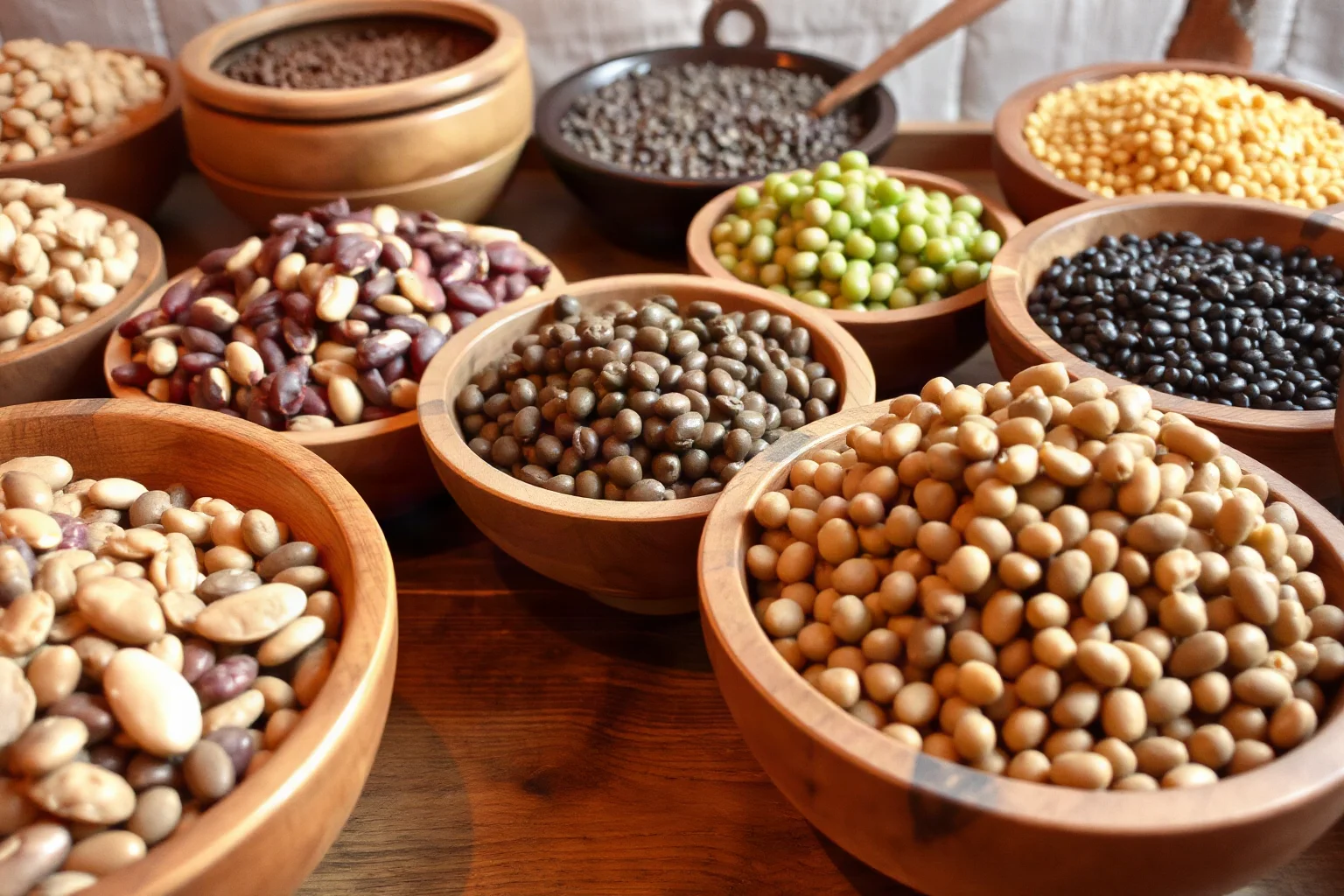 Dried beans, peas, and lentils in various colors arranged in wooden bowls, medieval kitchen setting