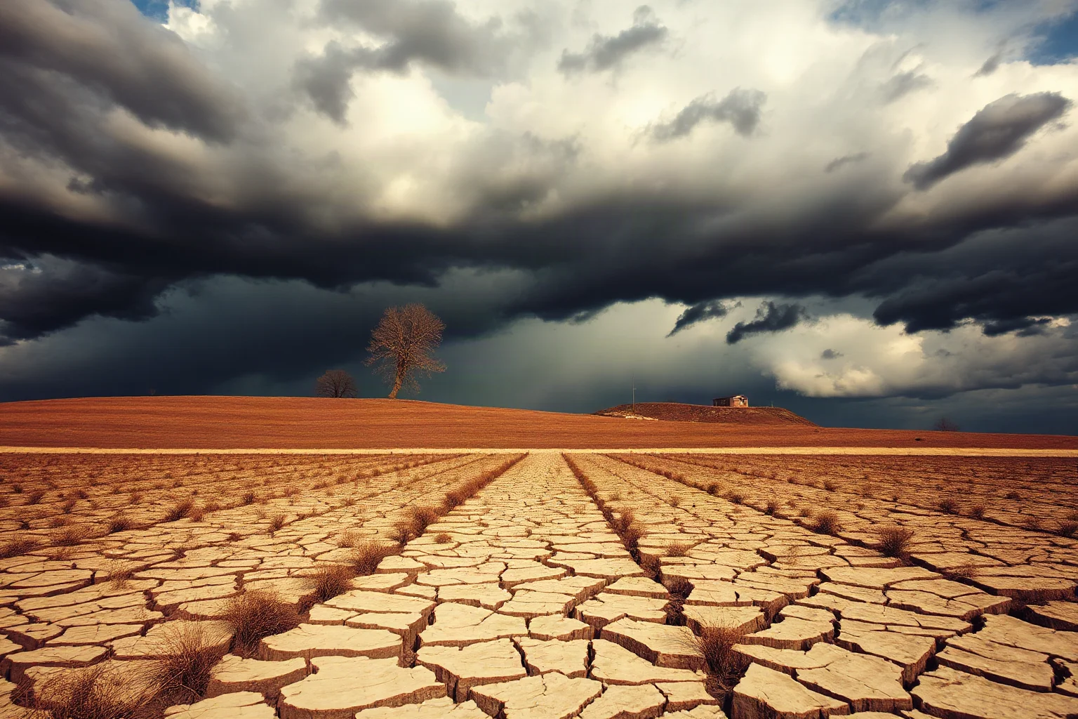 Dry, cracked farmland transitioning into stormy skies, depicting the drought before the 1931 flood