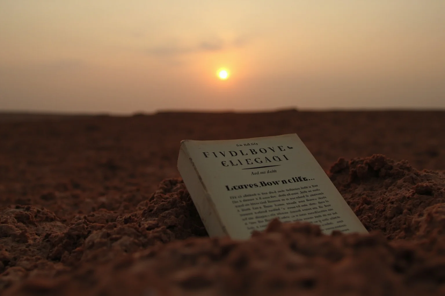 Dust Bowl-era farmland at sunset with a worn paperback novel resting in dry soil