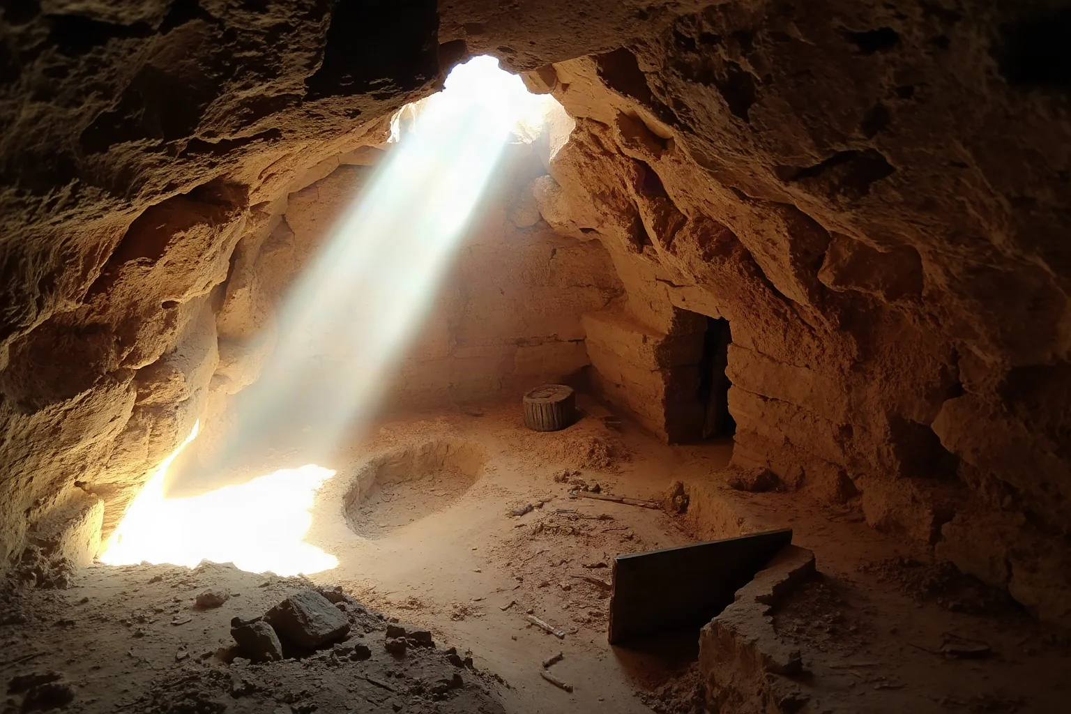 Dusty archaeological excavation scene inside a hidden desert tomb chamber