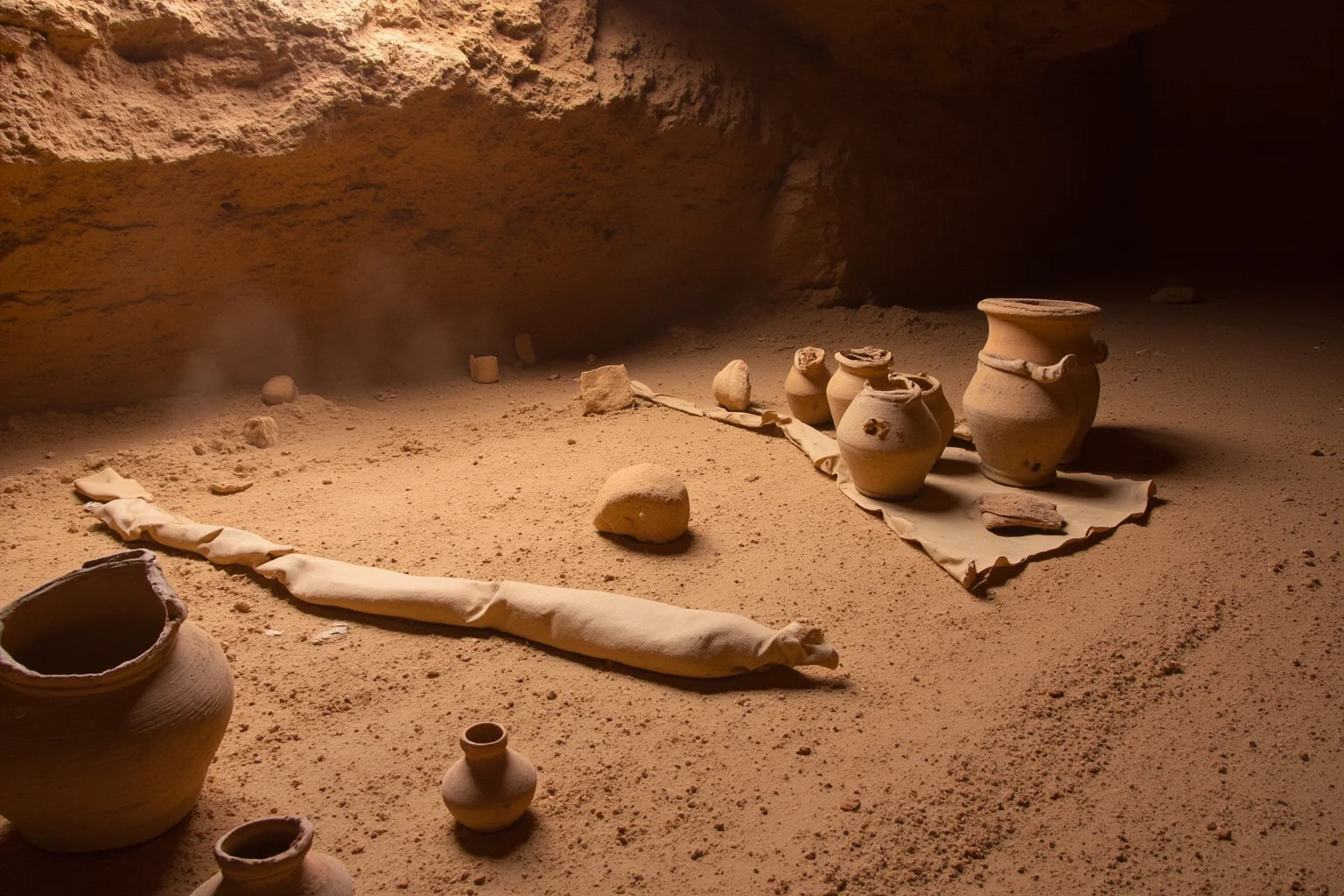 Dusty clay jars and scroll fragments in a desert cave, archaeological discovery scene