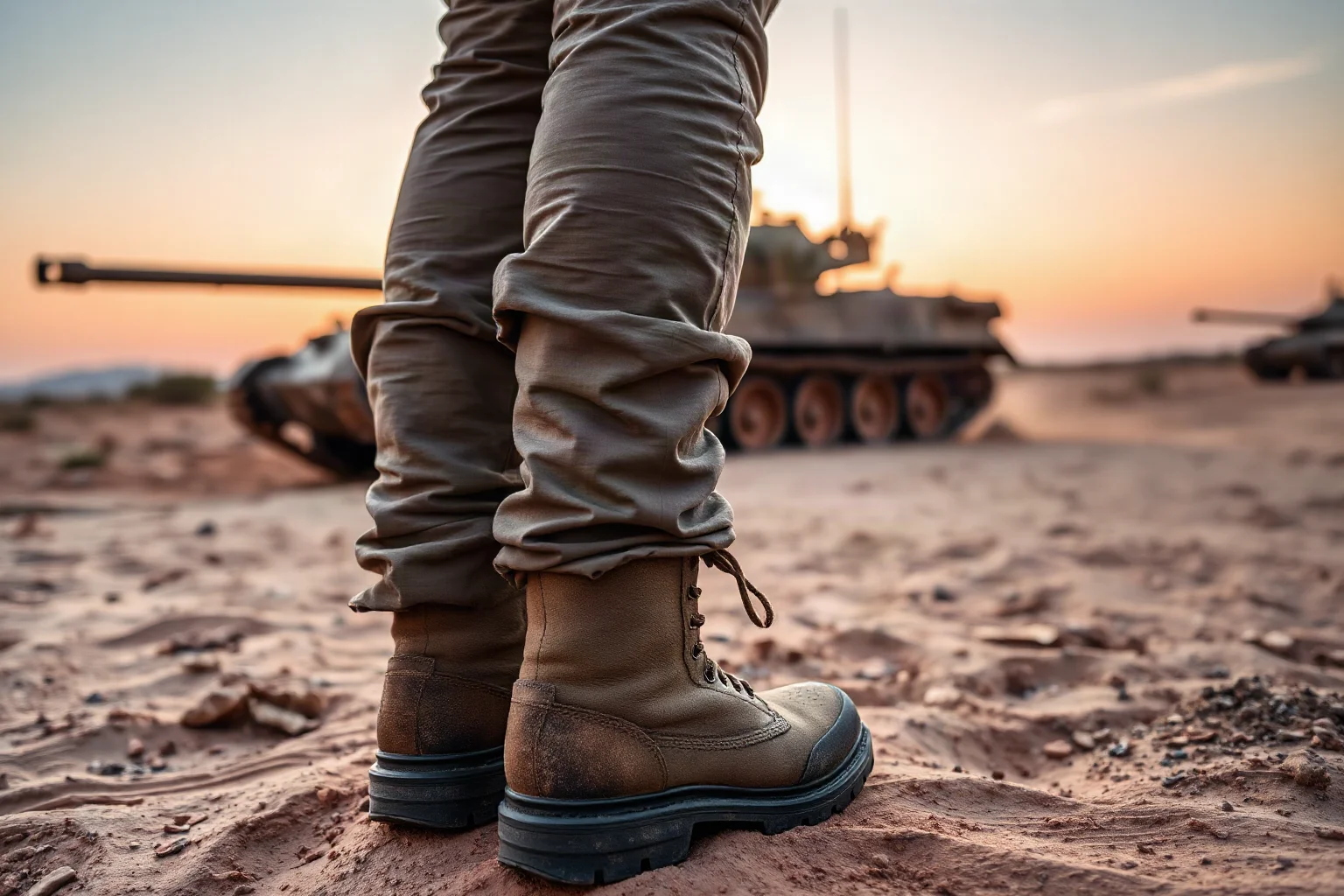Dusty military boots standing beside a tank silhouette in a desert landscape at dusk