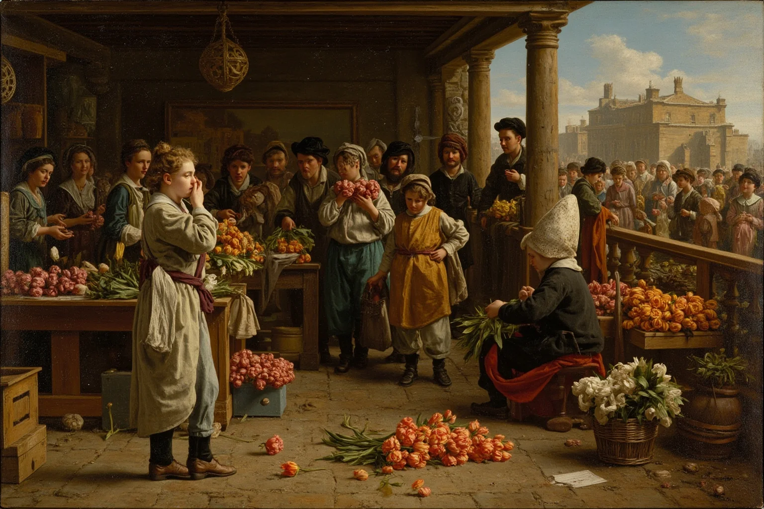 22 Lesser-Known Historical Events That No One Talks About 20 Dutch 17th-century marketplace scene with merchants examining tulip bulbs, golden-age painting style